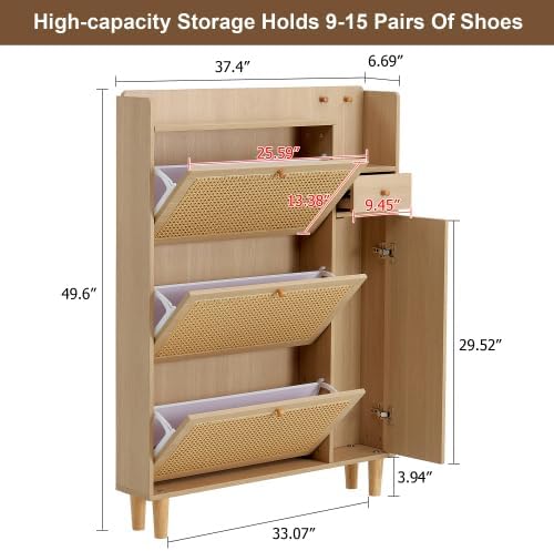 Modern Shoe Cabinet for Entryway, Shoe Storage Organizer & Shoe Rack, Minimalist Storage Cabinet with Japanese Rattan Design for Living Room & Corridor,Wood