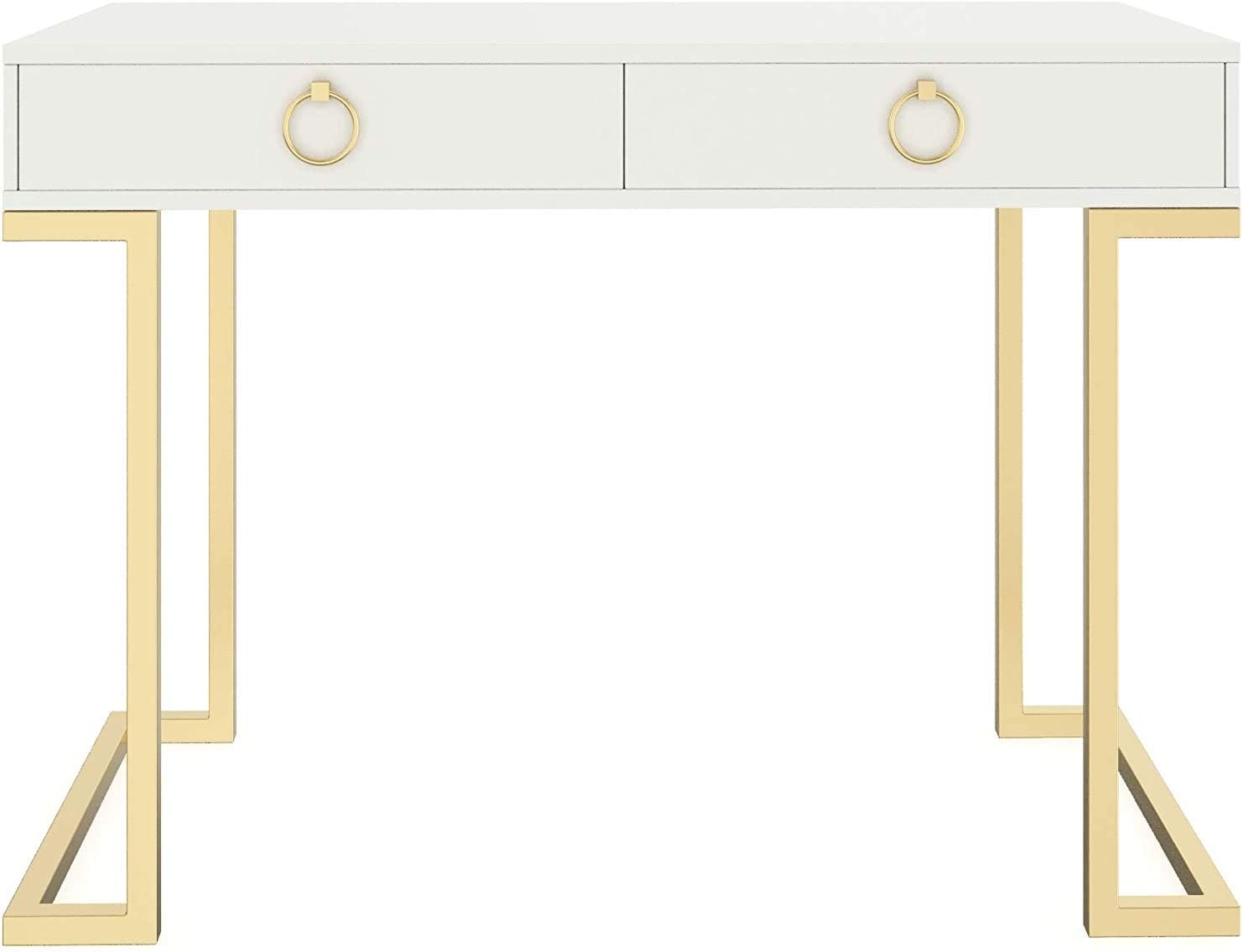 Nathan James Daisy Vanity Dressing Table or Makeup Desk with 4-Drawers and Brass Accent Knobs, White Wood