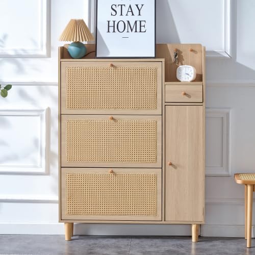 Modern Shoe Cabinet for Entryway, Shoe Storage Organizer & Shoe Rack, Minimalist Storage Cabinet with Japanese Rattan Design for Living Room & Corridor,Wood
