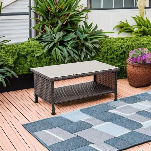 Outdoor Wicker Coffee Table Patio Furniture Garden Rattan 2-Layer Glass Table with Storage and Furniture Cover, Brown