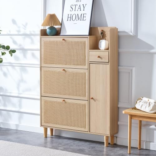 Modern Shoe Cabinet for Entryway, Shoe Storage Organizer & Shoe Rack, Minimalist Storage Cabinet with Japanese Rattan Design for Living Room & Corridor,Wood