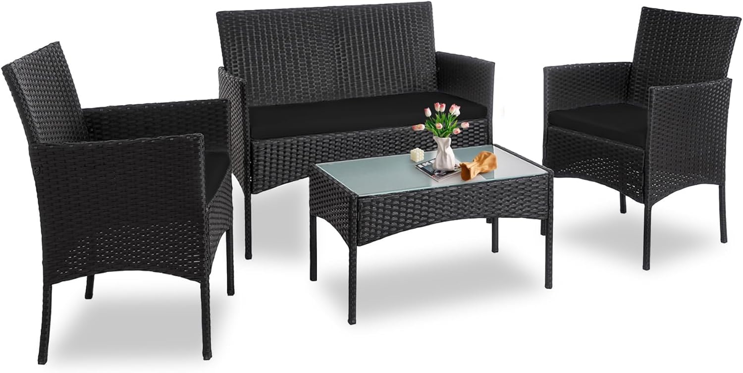 PROHIKER 4 Piece Outdoor Wicker Patio Conversation Furniture Set, Rattan Chair Wicker Sofa Garden Conversation Sets with Cushion and Glass Table for Yard Pool or Backyard