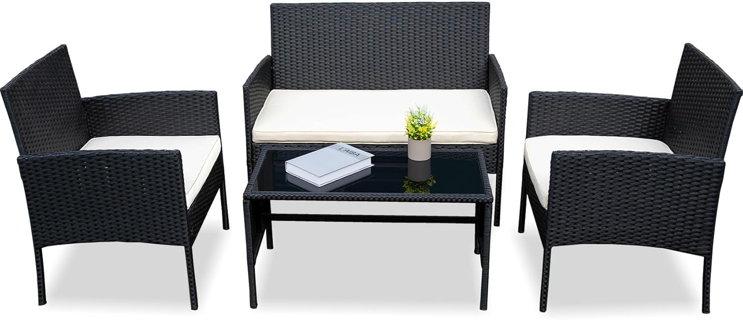 PROHIKER 4 Piece Outdoor Wicker Patio Conversation Furniture Set, Rattan Chair Wicker Sofa Garden Conversation Sets with Cushion and Glass Table for Yard Pool or Backyard