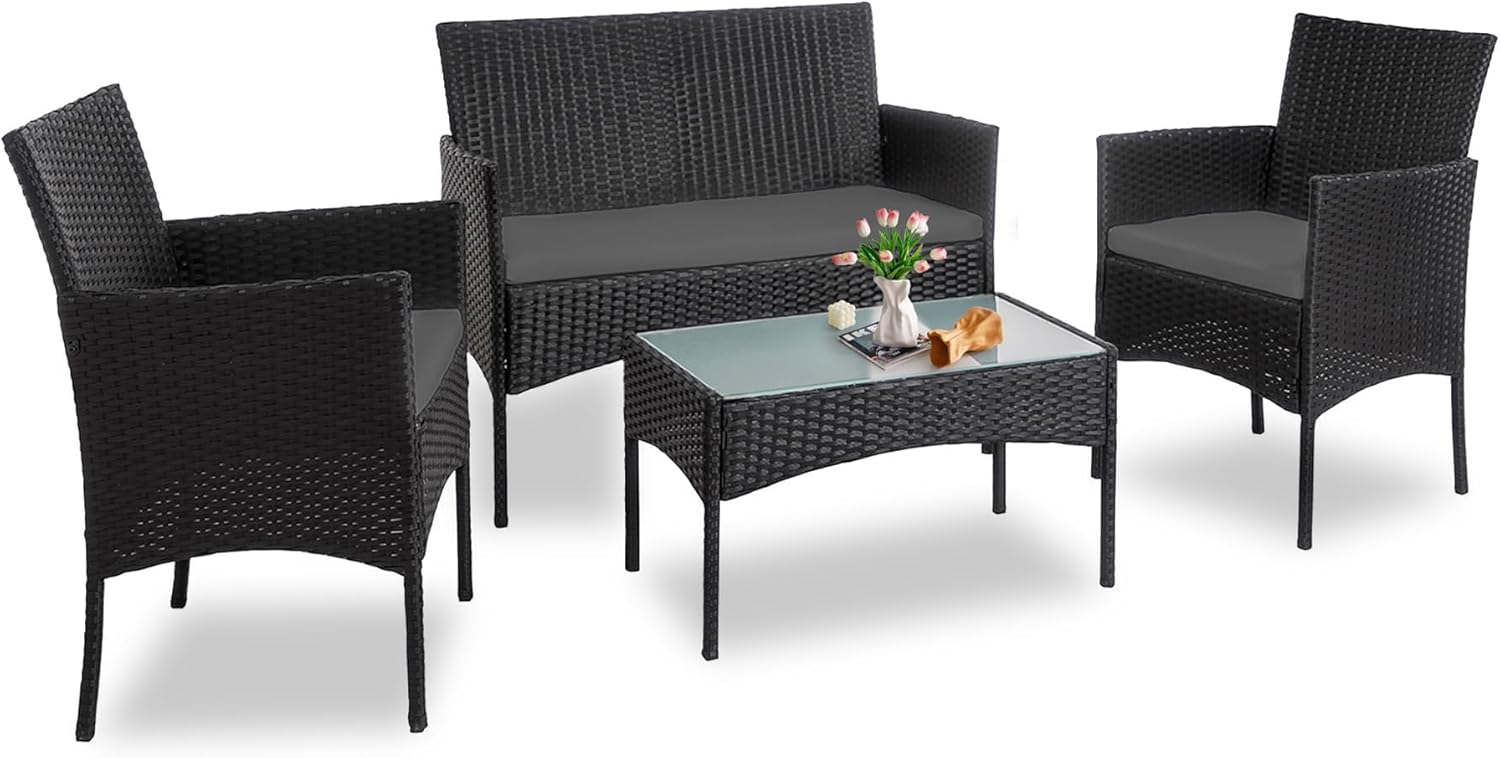 PROHIKER 4 Piece Outdoor Wicker Patio Conversation Furniture Set, Rattan Chair Wicker Sofa Garden Conversation Sets with Cushion and Glass Table for Yard Pool or Backyard