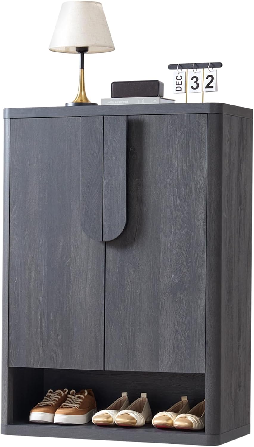 Shoe Cabinet 44" Tall Large Shoe Storage Organizer Modern Shoe Rack with Doors & 4 Shelves Minimalist Freestanding 5-Tier Shoe Storage Cabinet for Entryway Hallway Living Room, Natural, 1PC