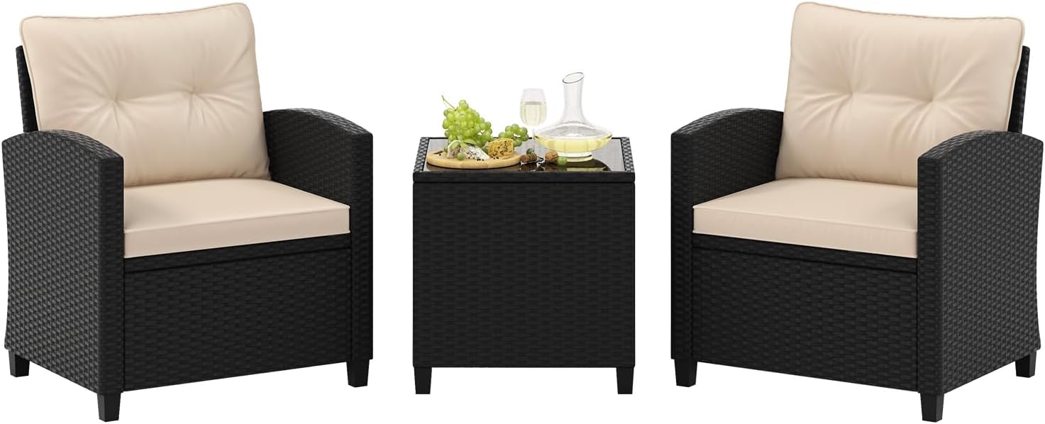 Tangkula 3 Pieces Patio Furniture Set, PE Rattan Wicker 3 Pcs Outdoor Sofa Set w/Washable Cushion and Tempered Glass Tabletop, Conversation Furniture for Garden Poolside Balcony (White)