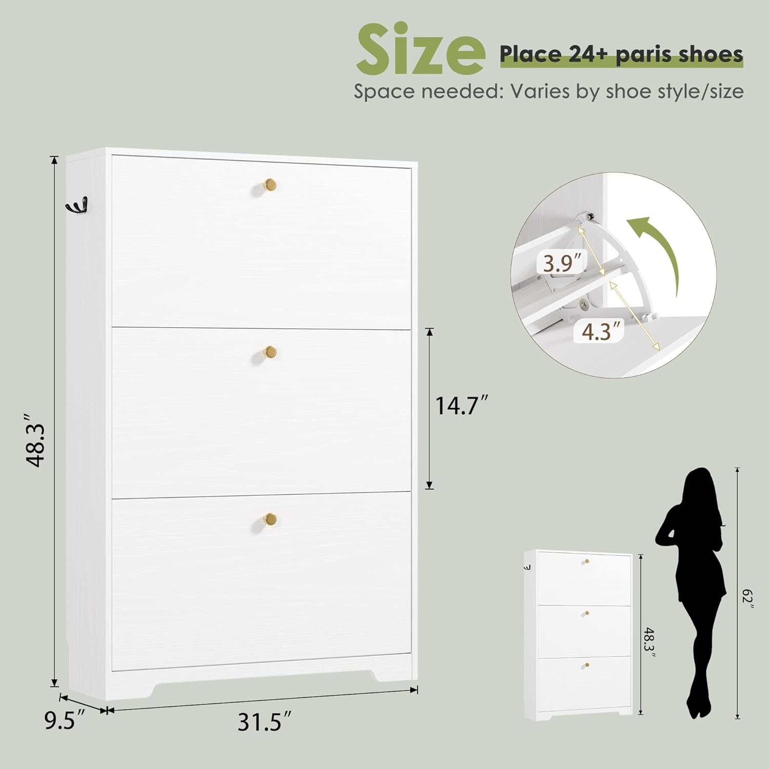 Nicetree Shoe Cabinet with 3 Flip Drawers, Narrow Shoe Organizer Cabinet, Freestanding Shoe Rack Cabinet, Morden Shoe Storage Cabinet for Entryway, Hallway, Foryer, White