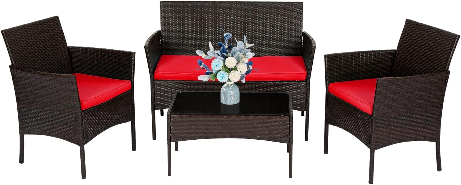 5 Pieces Patio Furniture Sets Outdoor Sectional Sofa Rattan Chair Wicker Conversation Set for Outdoor Backyard Porch Poolside Balcony Garden Furniture with Coffee Table,Khaki Cushion