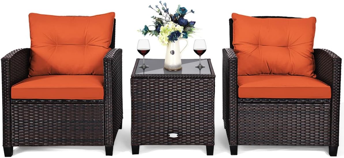 Tangkula 3 Pieces Patio Furniture Set, PE Rattan Wicker 3 Pcs Outdoor Sofa Set w/Washable Cushion and Tempered Glass Tabletop, Conversation Furniture for Garden Poolside Balcony (White)