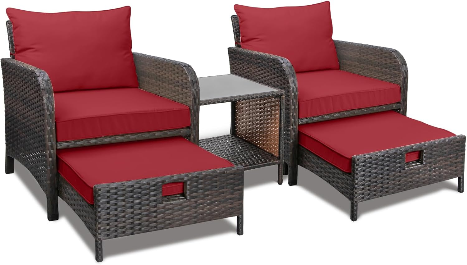 LEVELEVE Balcony Furniture 5 Piece Patio Conversation Set, PE Wicker Rattan Outdoor Lounge Chairs with Soft Cushions 2 Ottoman&Glass Table for Porch, Lawn-Brown Wicker