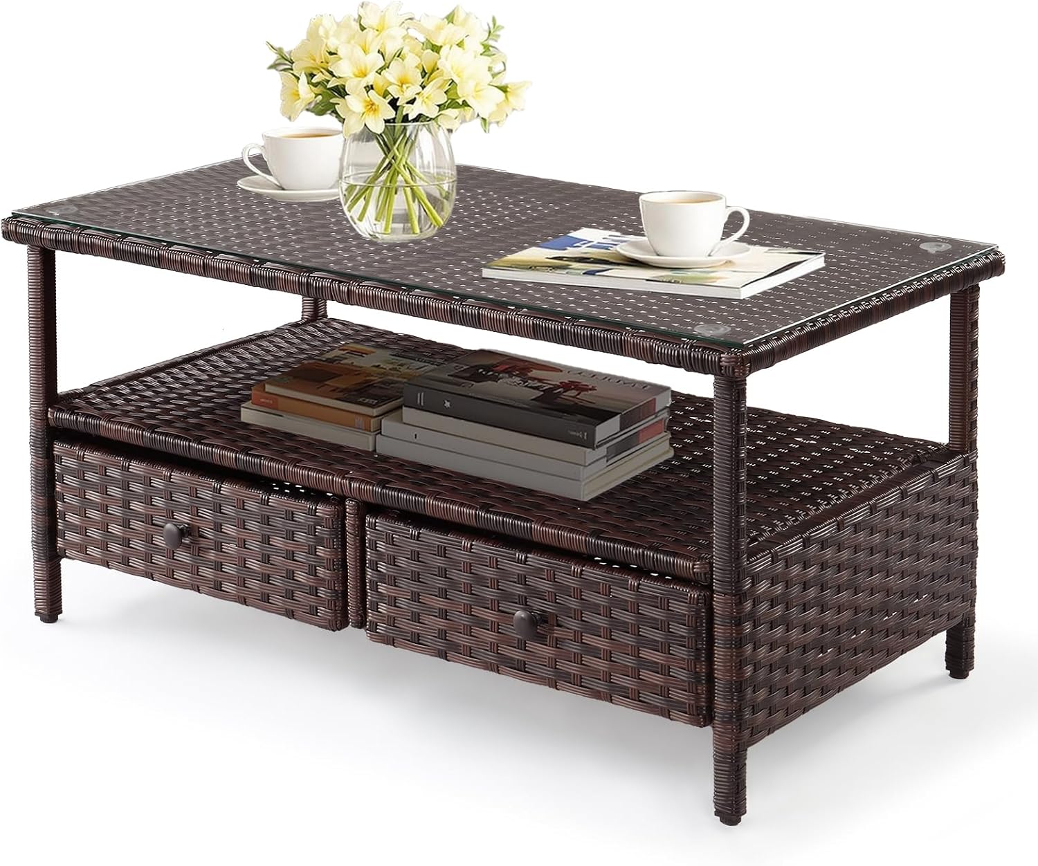 VINGLI Outdoor Wicker CoffeeTable Patio Coffee Tables for Outside, Tempered Glass Top Wicker Table with Storage Coffee Table for Patio Balcony Porch Deck (Black)