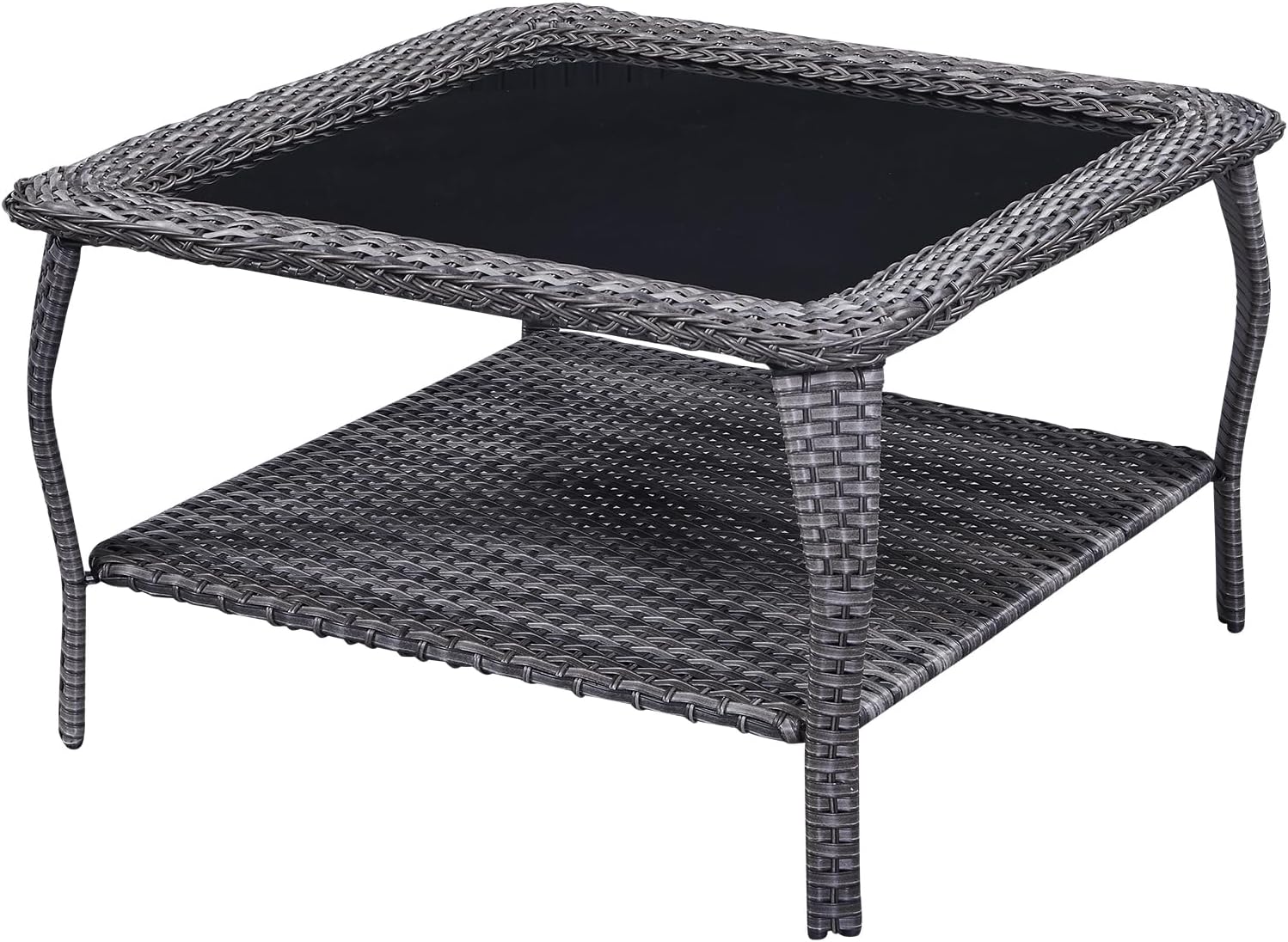 Rilyson Patio Tables Outdoor Coffee Table - Wicker Rattan Coffee Tables with 2-Tier Storage Shelf Side Table for Porch Deck Balcony Garden Outside Rectangle Brown
