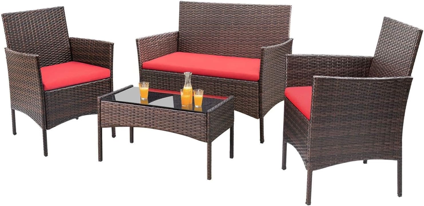Homall 4 Pieces Outdoor Patio Furniture Sets Rattan Chair Wicker Set,Outdoor Indoor Use Backyard Porch Garden Poolside Balcony Furniture (Brown and Beige)