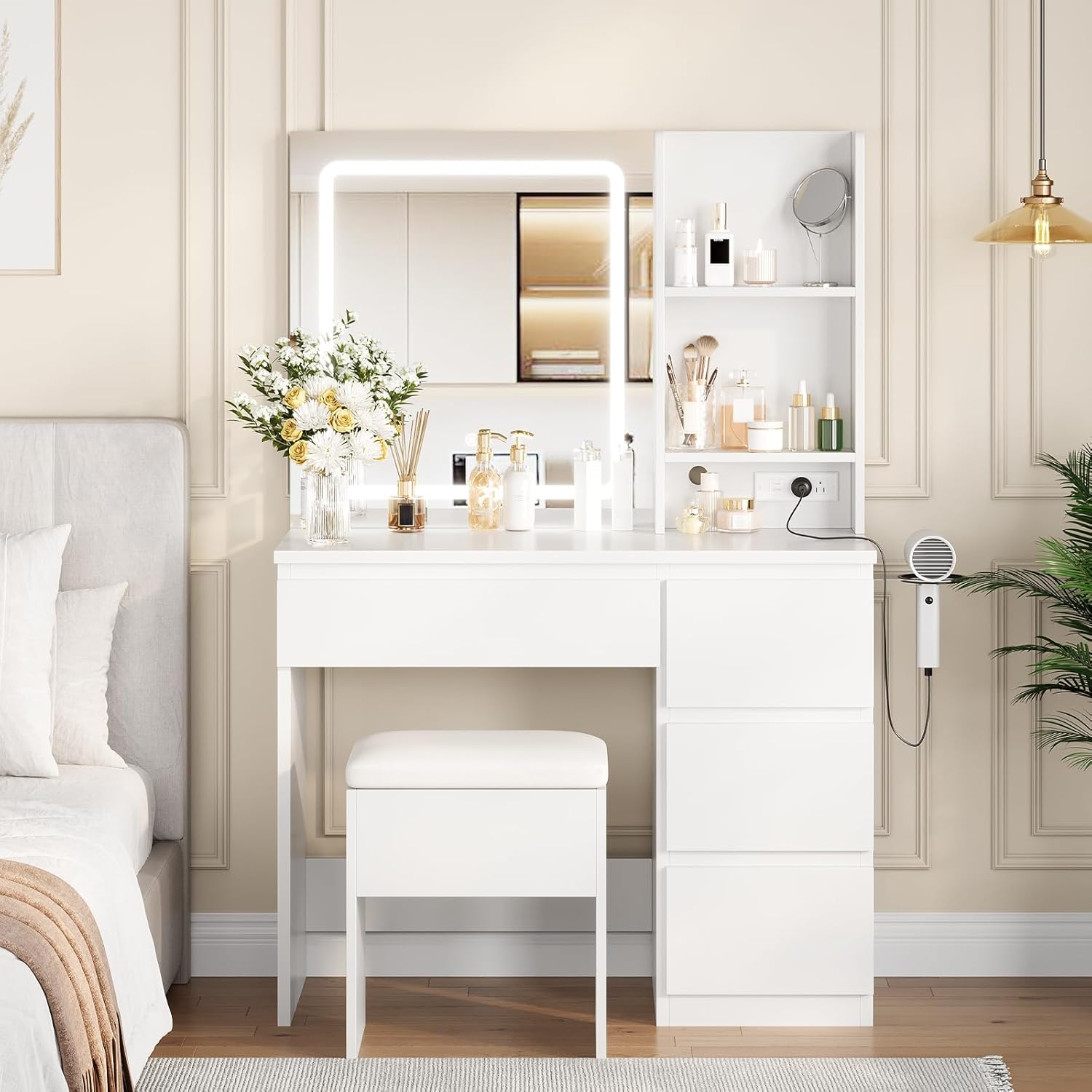 GarveeHome Vanity Desk with Mirror and Lights - Modern Makeup Dressing Table with Outlets, Storage Stool, 4 Drawers & Hair Dryer Holder - 3 Colors LED Vanity Mirror, Vanities for Bedroom, Natural