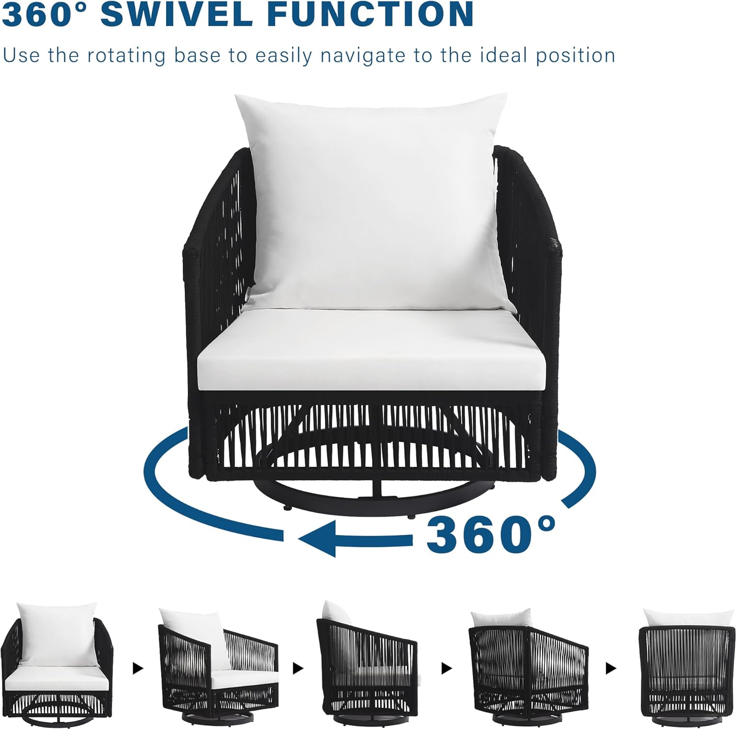 UIXE 3 Pieces Patio Swivel Chairs Outdoor Bistro Set, PE Wicker Rope Outdoor Furniture Black Rattan Patio Sofa Conversation Sets with Coffee Table & Beige Cushions