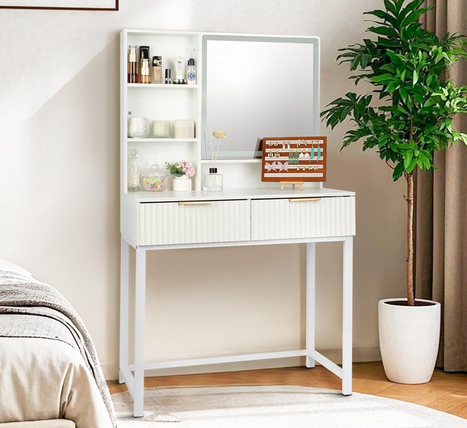 ZYBT Makeup Vanity Desk with Mirror White, Modern Minimalist Dressing Table 3-Color Adjustable Light Mirror, 2 Drawers with Gold Handles Elegant and Practical Storage for Bedrooms and Dressing Rooms