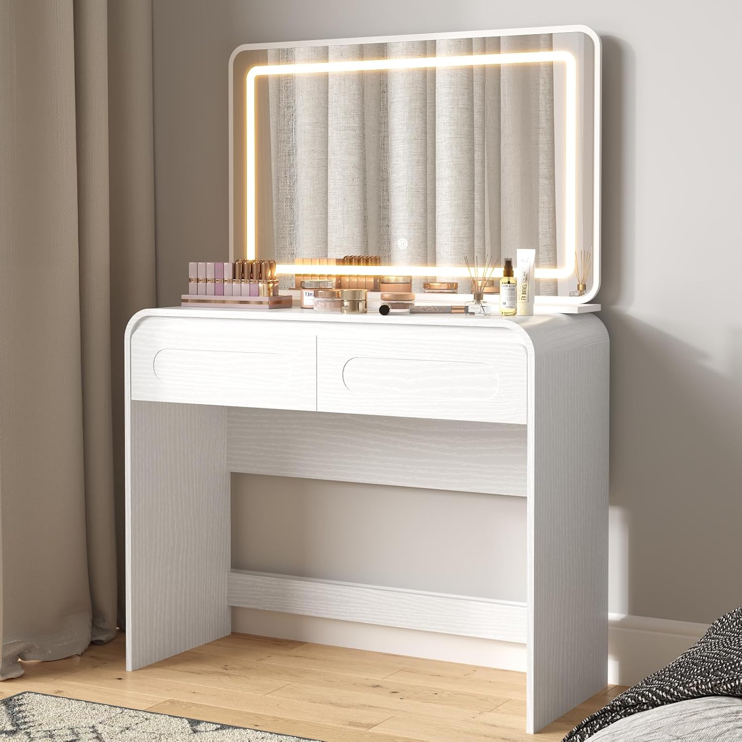 Vanity Desk, Makeup Vanity Desk with 2 Drawers and Storage Desktop Space, Modern Makeup Vanity Dressing Table with Curved Profile Design, Black Makeup Computer Writing Desk for Home Office Bedroom