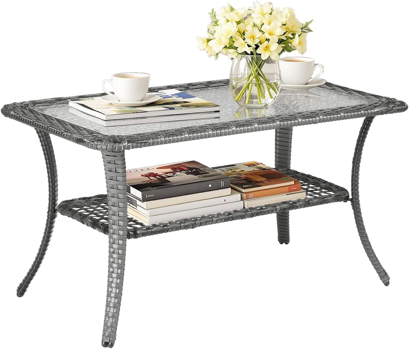 VINGLI Outdoor Coffee Table with Storage Wicker Patio Coffee Table, Tempered Glass Top Coffee Table for Patio Outside Balcony Porch Deck (Brown)