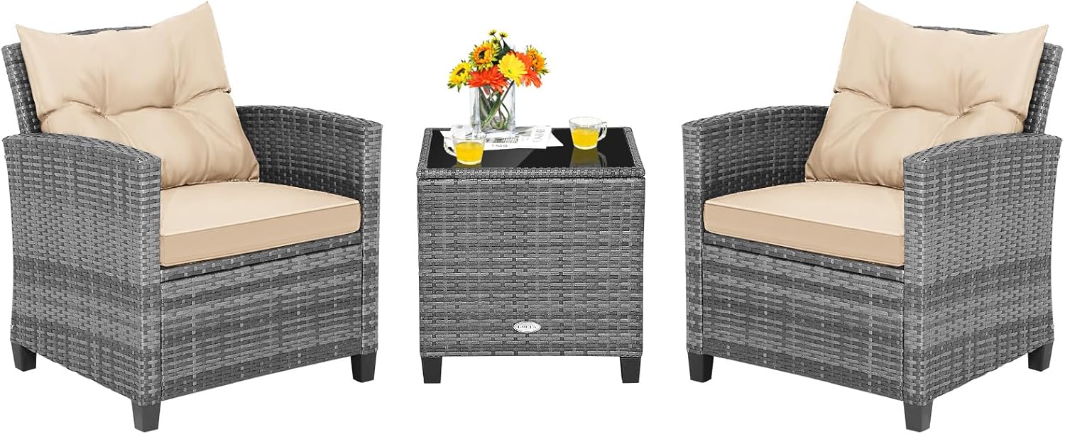 Tangkula 3 Pieces Patio Furniture Set, PE Rattan Wicker 3 Pcs Outdoor Sofa Set w/Washable Cushion and Tempered Glass Tabletop, Conversation Furniture for Garden Poolside Balcony (White)