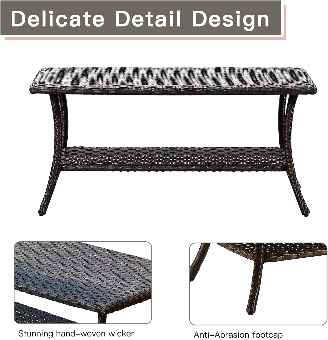 Rilyson Patio Tables Outdoor Coffee Table - Wicker Rattan Coffee Tables with 2-Tier Storage Shelf Side Table for Porch Deck Balcony Garden Outside Rectangle Brown