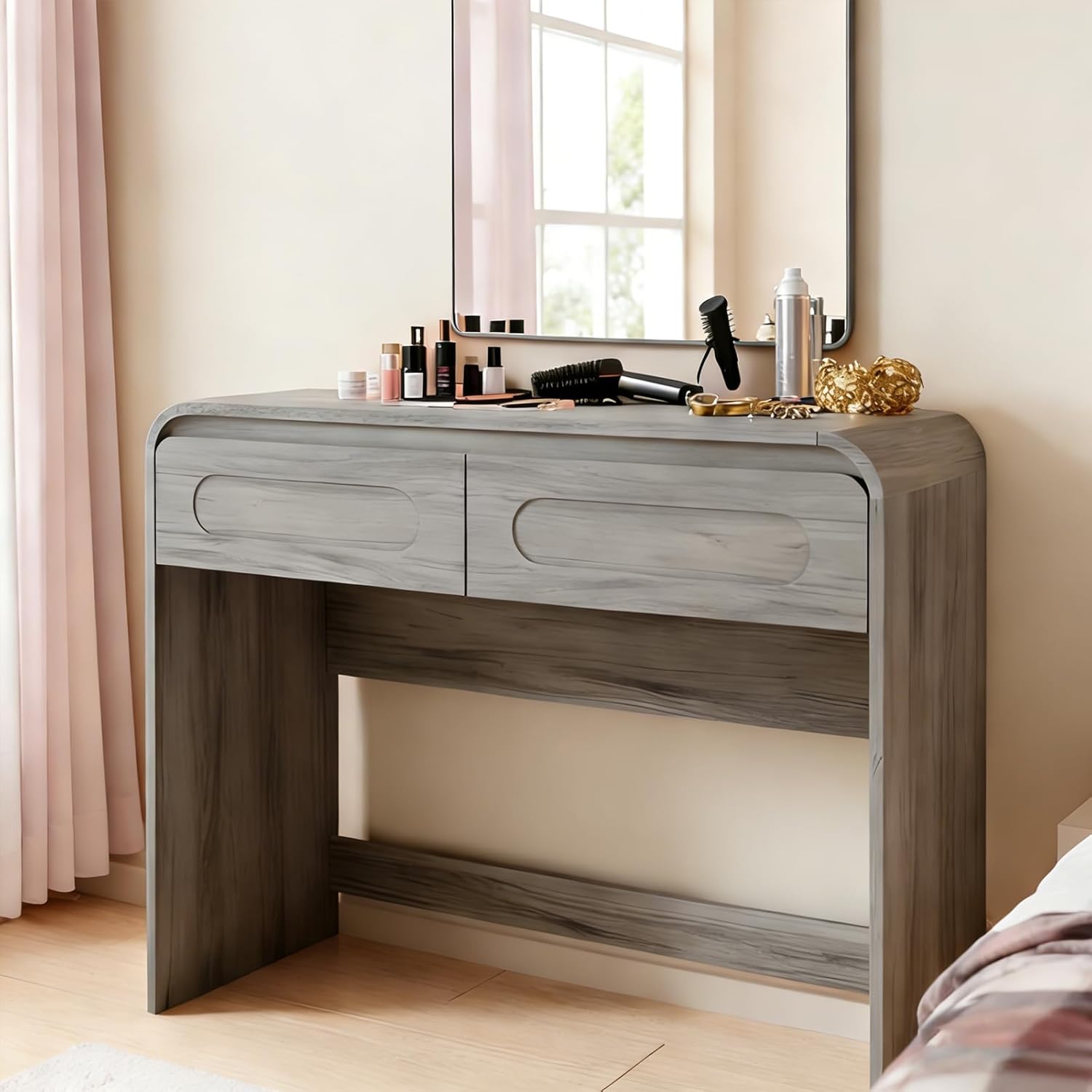 Vanity Desk, Makeup Vanity Desk with 2 Drawers and Storage Desktop Space, Modern Makeup Vanity Dressing Table with Curved Profile Design, Black Makeup Computer Writing Desk for Home Office Bedroom