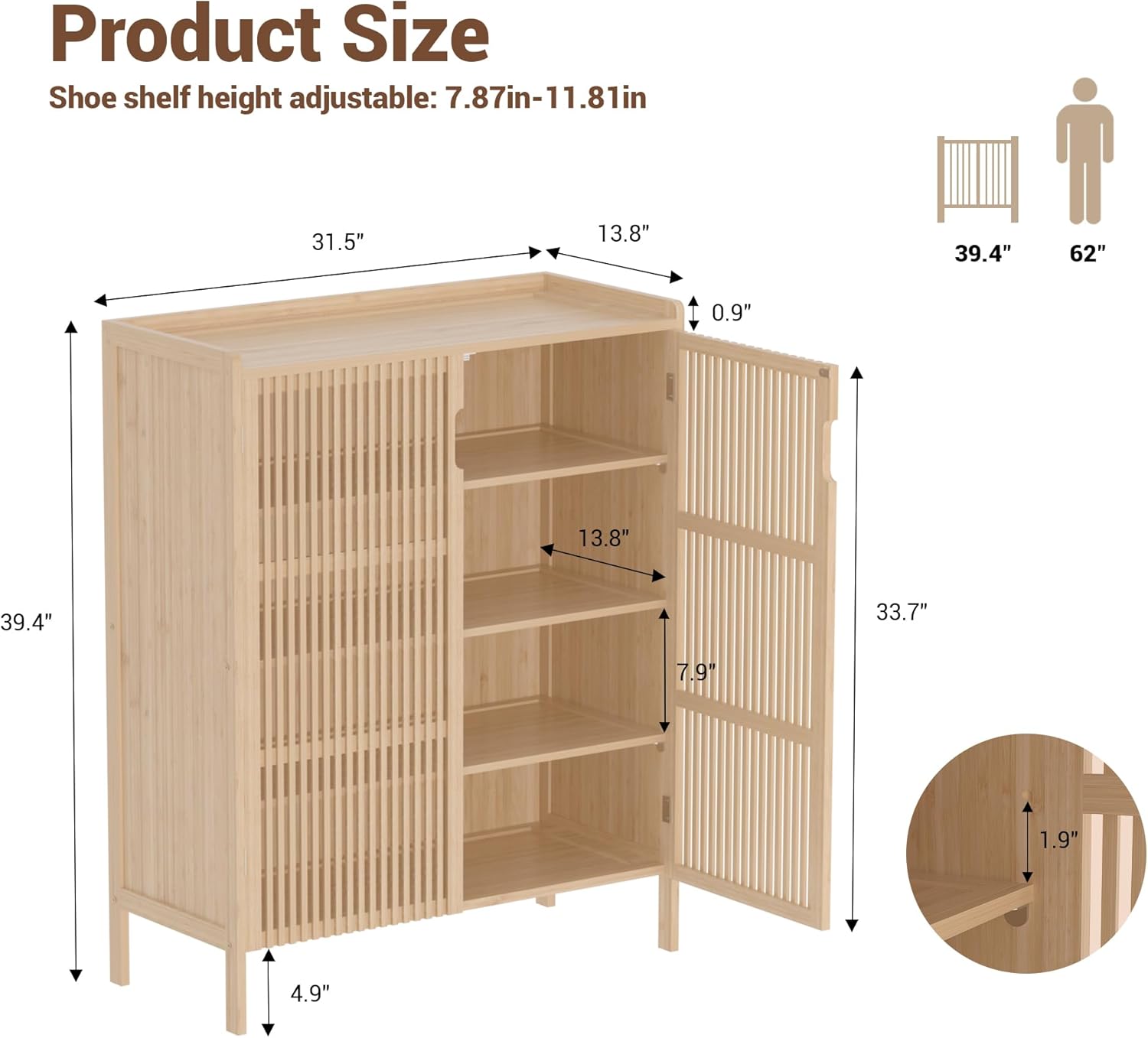Shoe Cabinet, 20 Pair Farmhouse Shoe Organizer Cabinet, Freestanding Bamboo Wood Shoe Storage Cabinet with Grille Doors, 5-Tier Narrow Shoe Cabinet for Entryway Hallway, Natural
