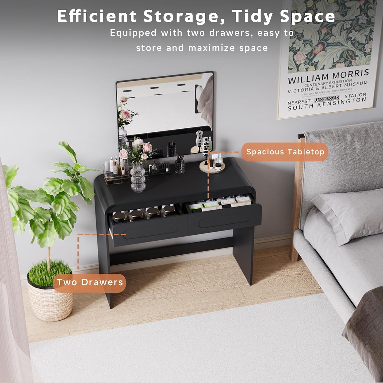 Vanity Desk, Makeup Vanity Desk with 2 Drawers and Storage Desktop Space, Modern Makeup Vanity Dressing Table with Curved Profile Design, Black Makeup Computer Writing Desk for Home Office Bedroom