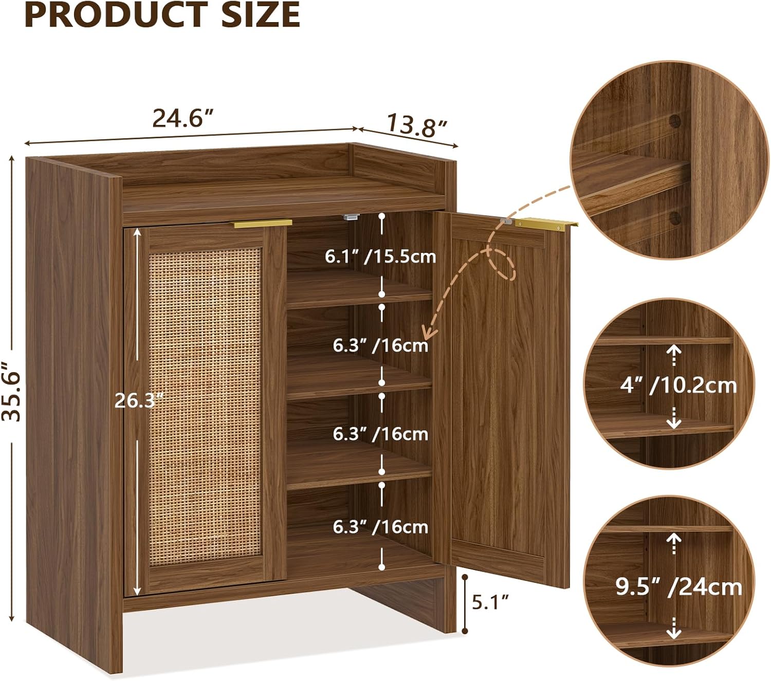 Shoe Storage Cabinet for Entryway, 4-Tier Rattan Shoe Cabinet with Doors & Adjustable Shelves, Boho Narrow Shoe Rack for Entryway Hallway Closet