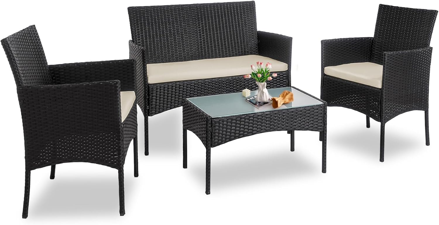 PROHIKER 4 Piece Outdoor Wicker Patio Conversation Furniture Set, Rattan Chair Wicker Sofa Garden Conversation Sets with Cushion and Glass Table for Yard Pool or Backyard