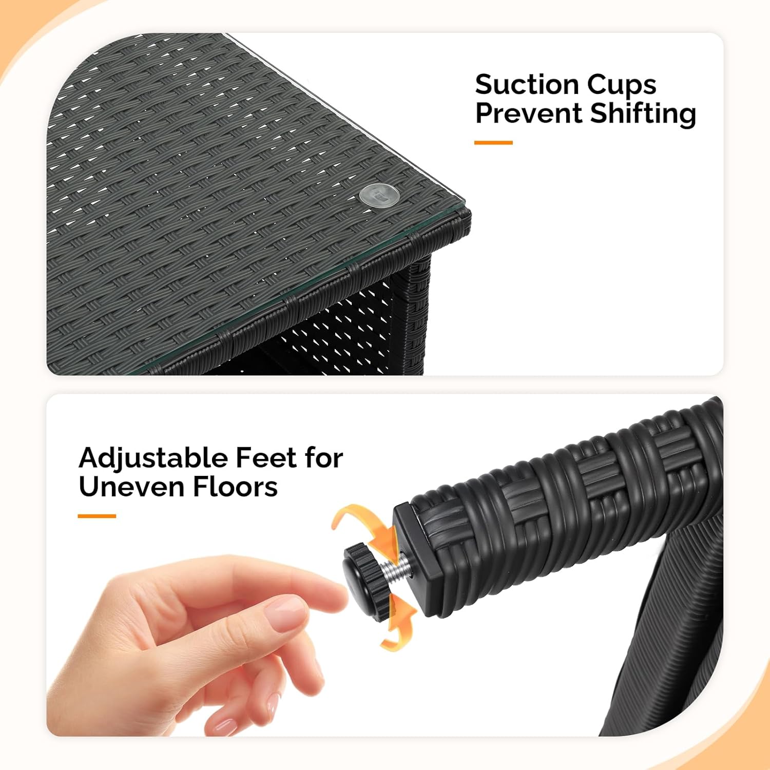 VINGLI Outdoor Wicker CoffeeTable Patio Coffee Tables for Outside, Tempered Glass Top Wicker Table with Storage Coffee Table for Patio Balcony Porch Deck (Black)