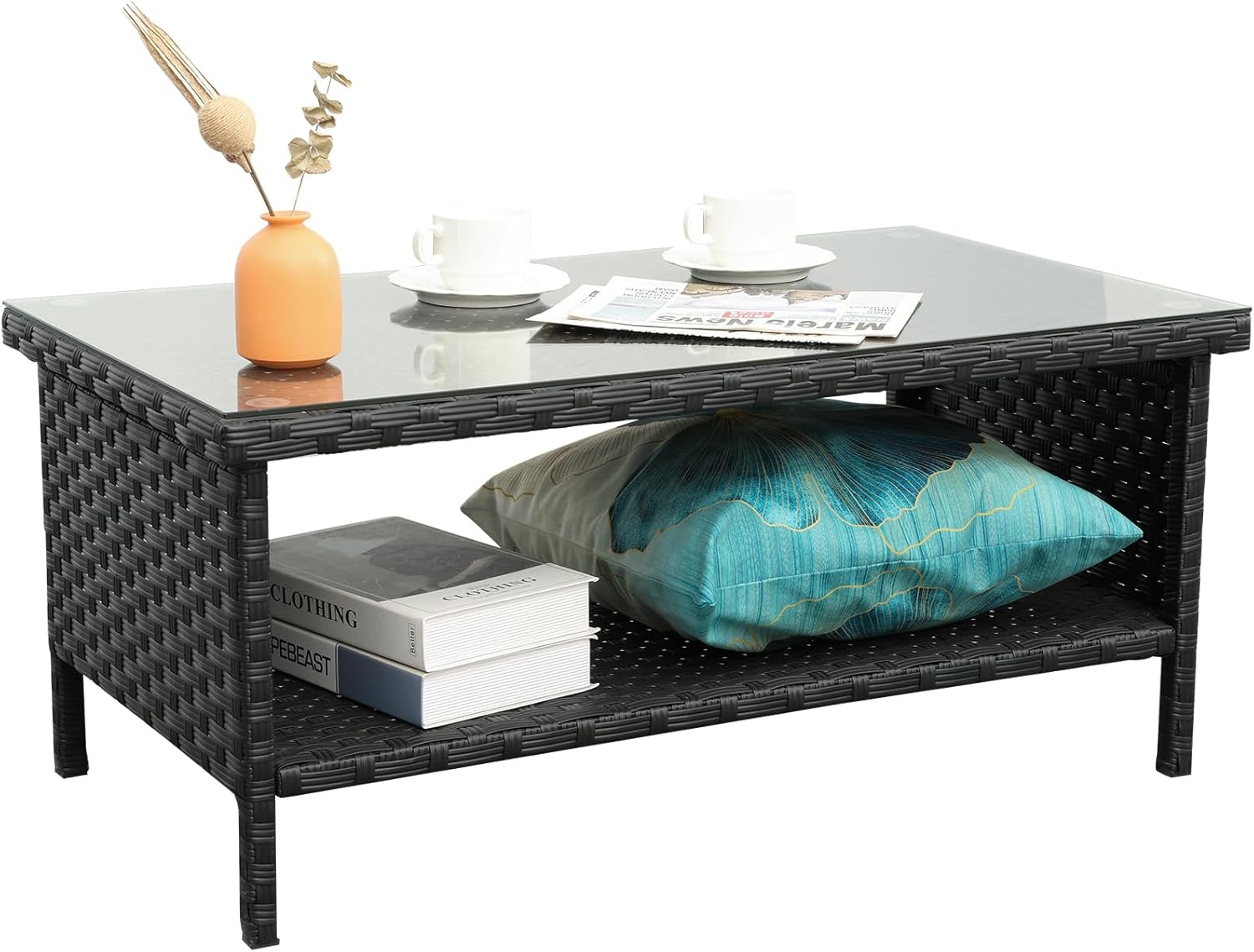 Outdoor Wicker Coffee Table Patio Furniture Garden Rattan 2-Layer Glass Table with Storage and Furniture Cover, Brown