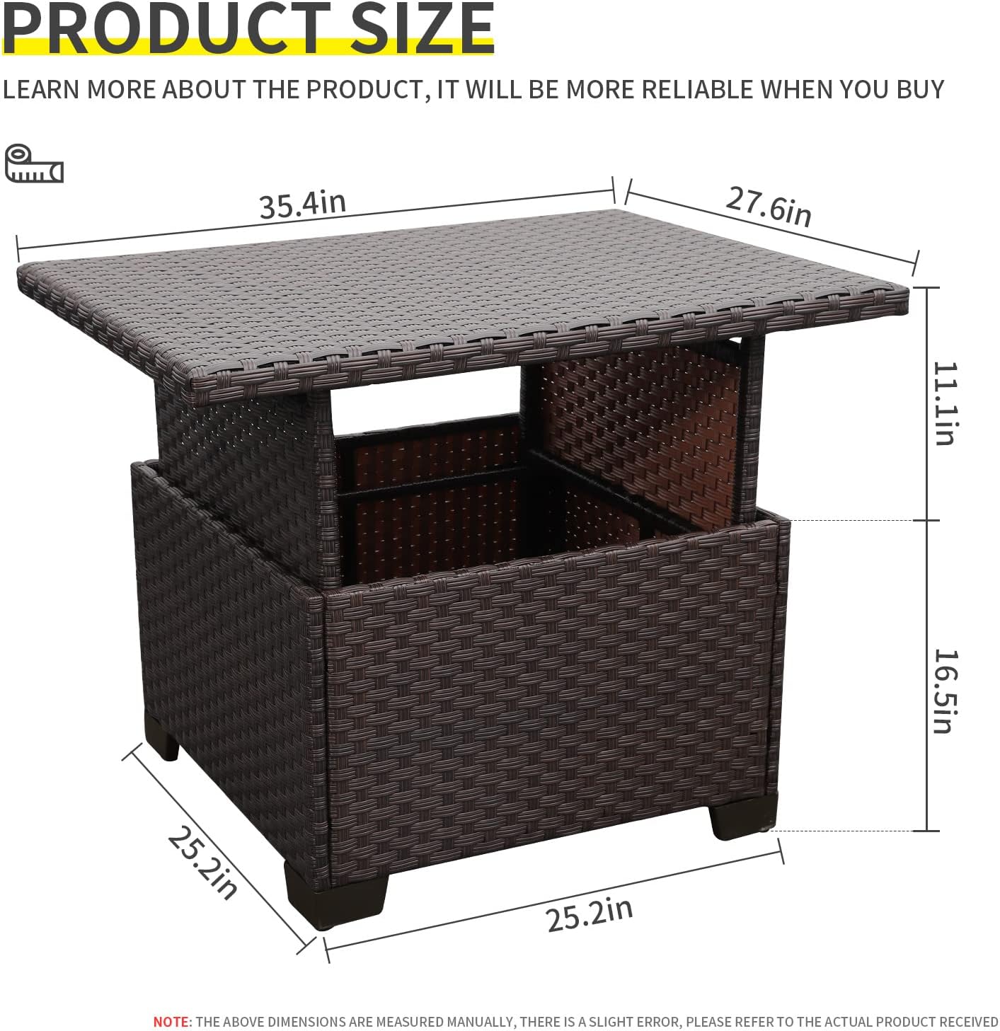 Patio Rattan Coffee Table with Hidden Storage, Wicker Liftable Dinning Table, Versatile Piece of Outdoor Furniture, Brown