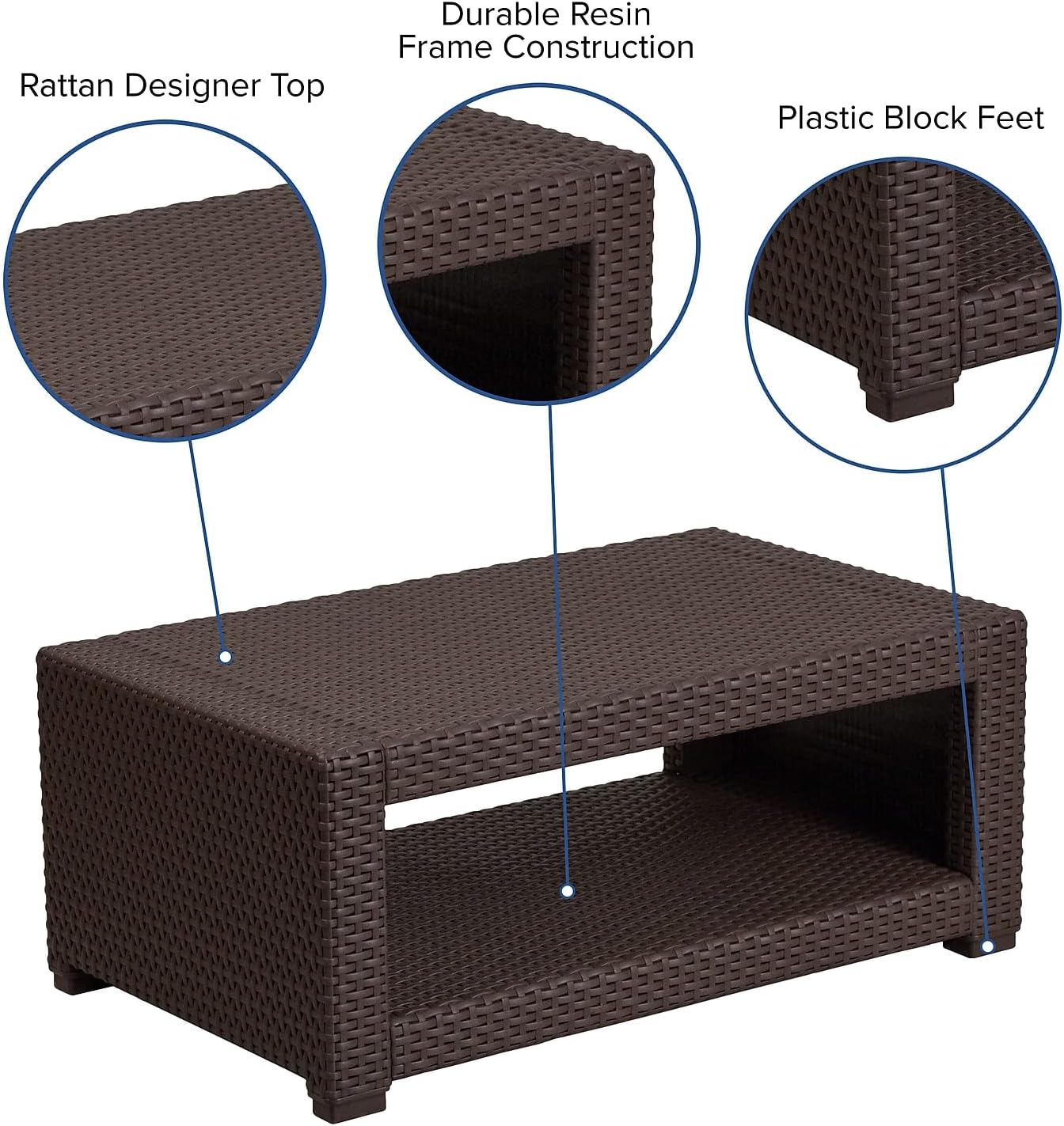 Flash Furniture Seneca Indoor/Outdoor Chocolate Brown Faux Rattan Coffee Table with Open Storage