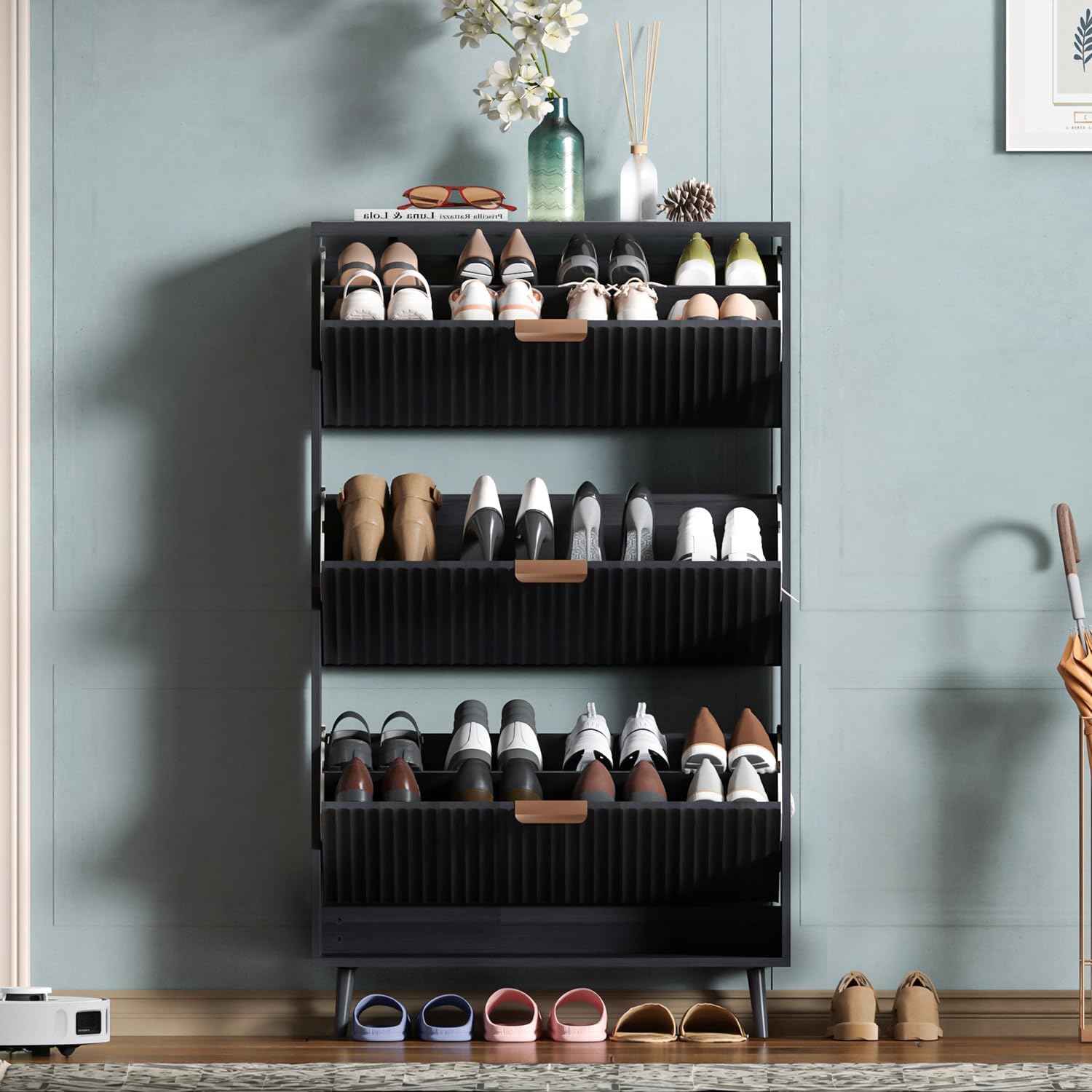 Shoe Cabinet Storage,Modern Freestanding Organizer with 2 Flip Drawers,Narrow Shoe Rack Cabinet for Entryway,Walnut
