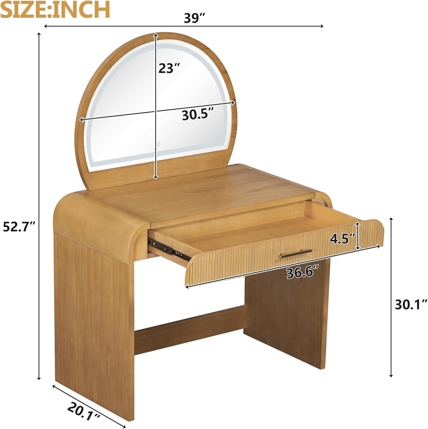 39" Minimalist Makeup Vanity Table with Semicircle Mirror, Wood Modern Dressing Table with Touch Screen Lighted Mirror & Storage Drawer & Curved Edges for Bedroom (Natural)
