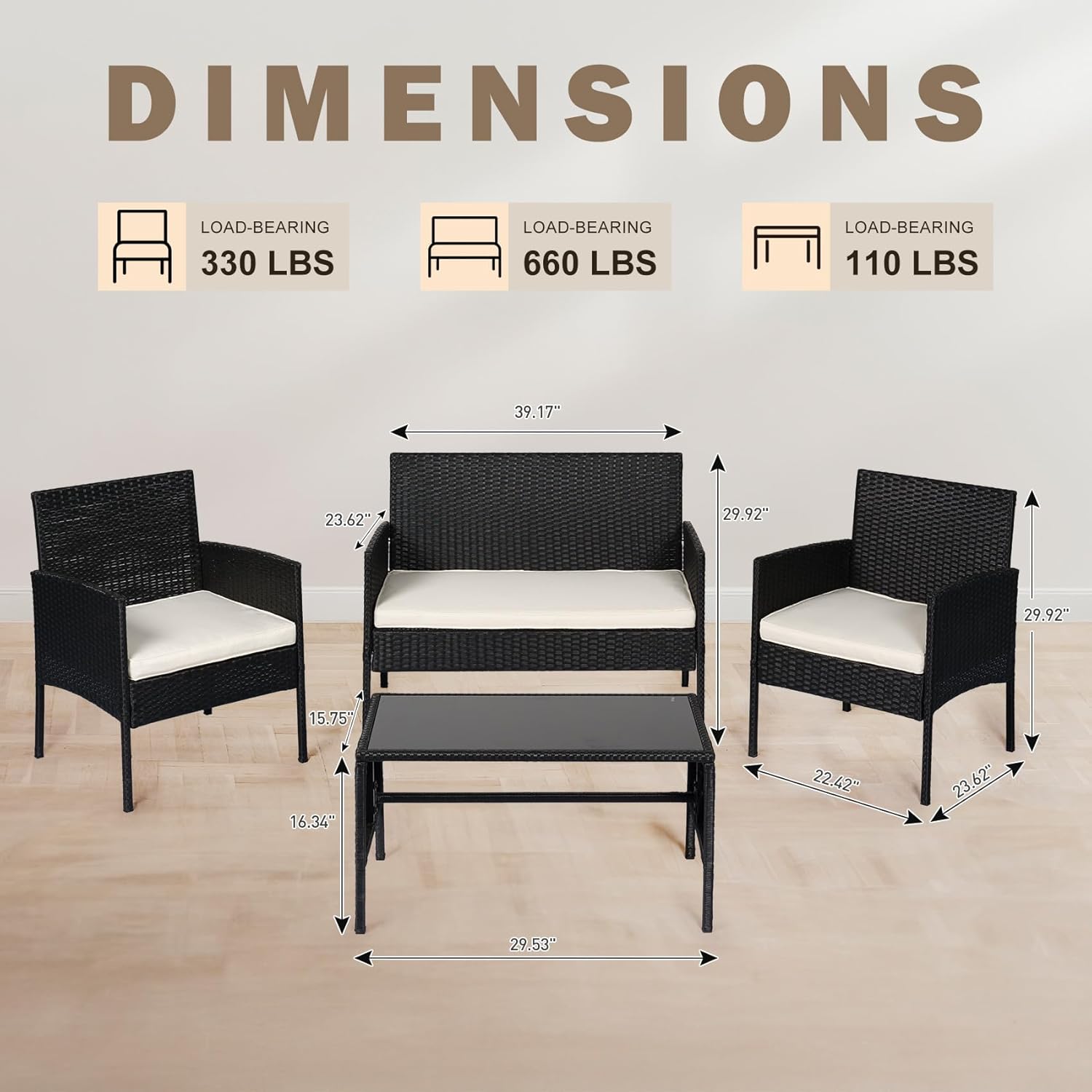 PROHIKER 4 Piece Outdoor Wicker Patio Conversation Furniture Set, Rattan Chair Wicker Sofa Garden Conversation Sets with Cushion and Glass Table for Yard Pool or Backyard