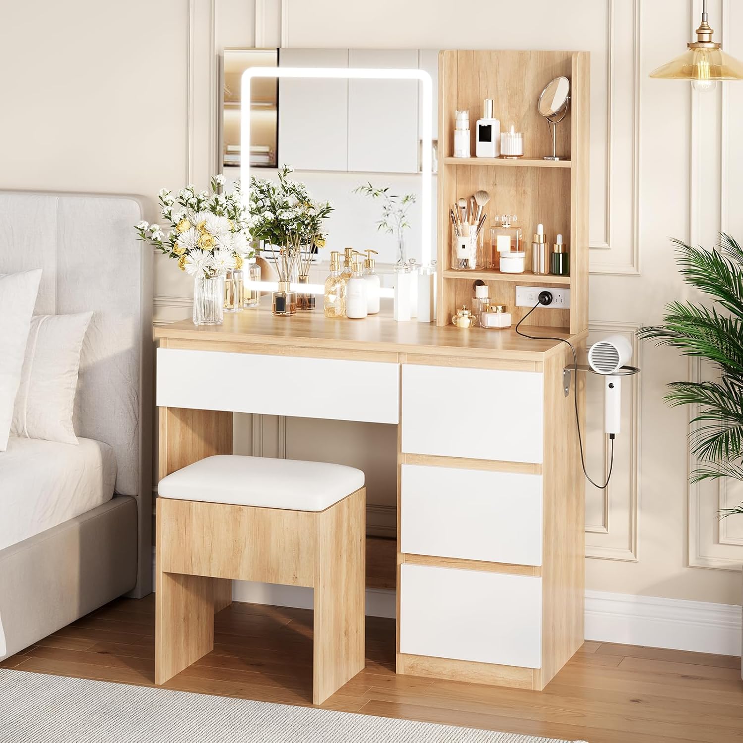 GarveeHome Vanity Desk with Mirror and Lights - Modern Makeup Dressing Table with Outlets, Storage Stool, 4 Drawers & Hair Dryer Holder - 3 Colors LED Vanity Mirror, Vanities for Bedroom, Natural