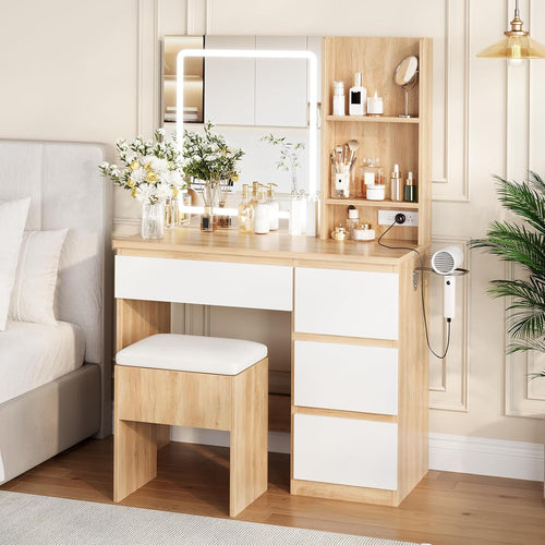 GarveeHome Vanity Desk with Mirror and Lights - Modern Makeup Dressing Table with Outlets, Storage Stool, 4 Drawers & Hair Dryer Holder - 3 Colors LED Vanity Mirror, Vanities for Bedroom, Natural
