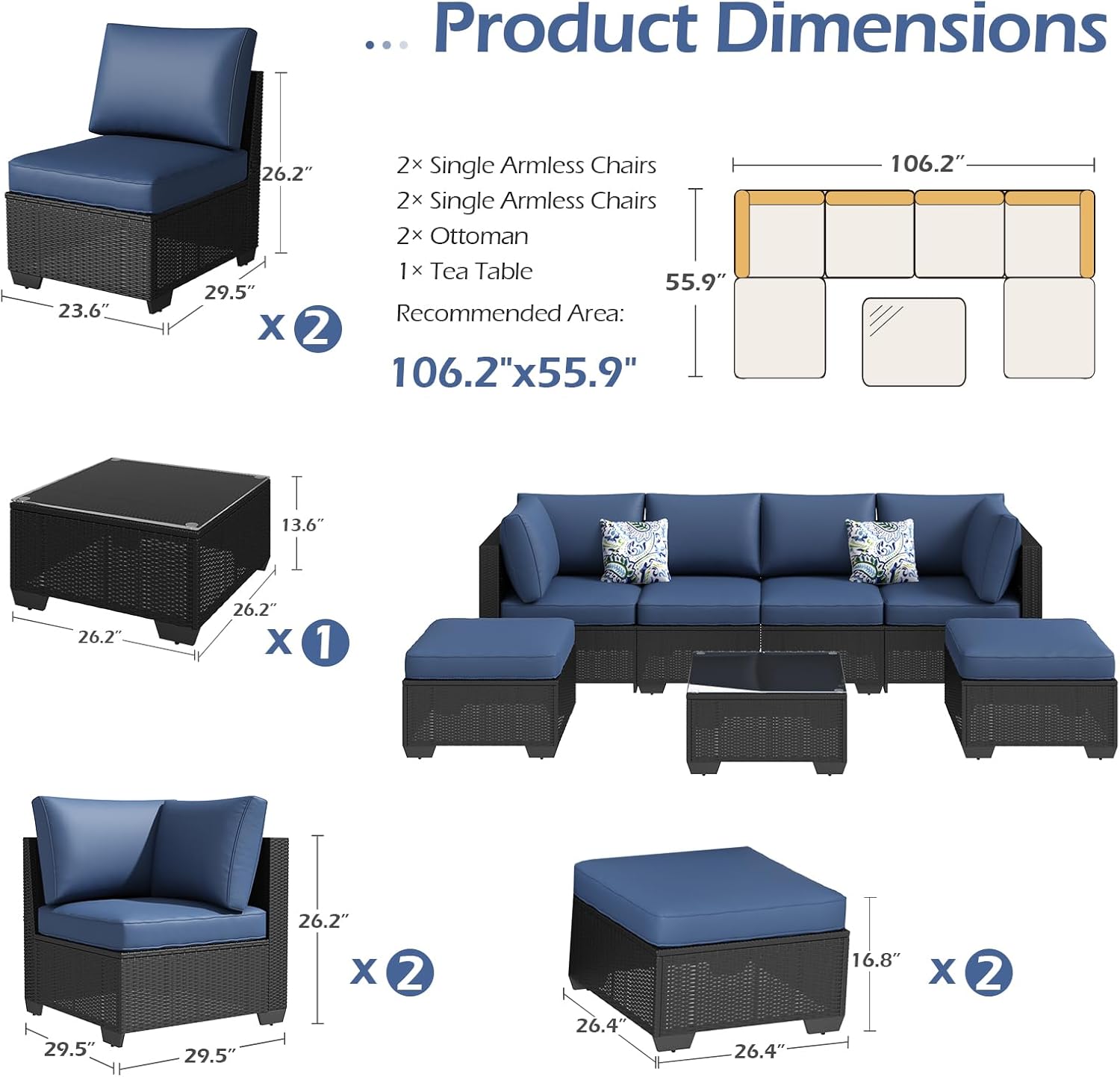 U-MAX 7 Piece Outdoor Patio Furniture Set, PE Rattan Wicker Sofa Set, Outdoor Sectional Furniture Chair Set with Navy Cushions and Tea Table, Black Rattan