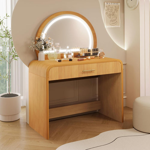 39" Minimalist Makeup Vanity Table with Semicircle Mirror, Wood Modern Dressing Table with Touch Screen Lighted Mirror & Storage Drawer & Curved Edges for Bedroom (Natural)