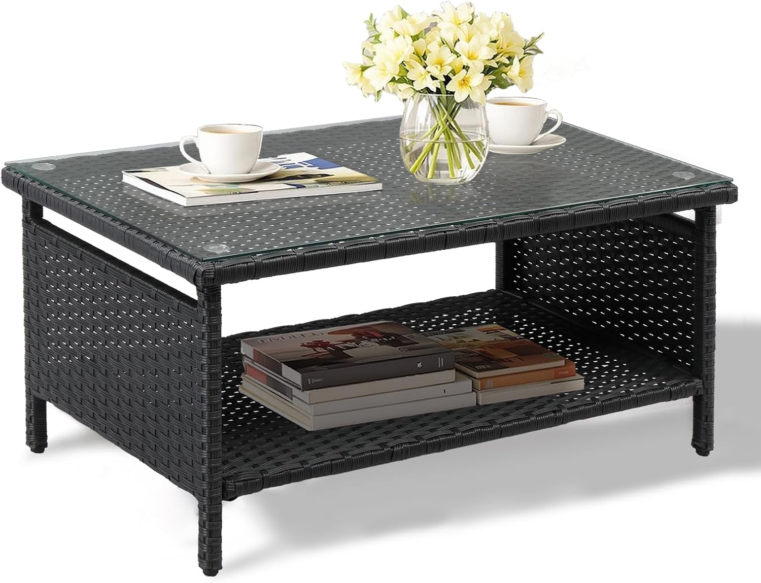 VINGLI Outdoor Wicker CoffeeTable Patio Coffee Tables for Outside, Tempered Glass Top Wicker Table with Storage Coffee Table for Patio Balcony Porch Deck (Black)