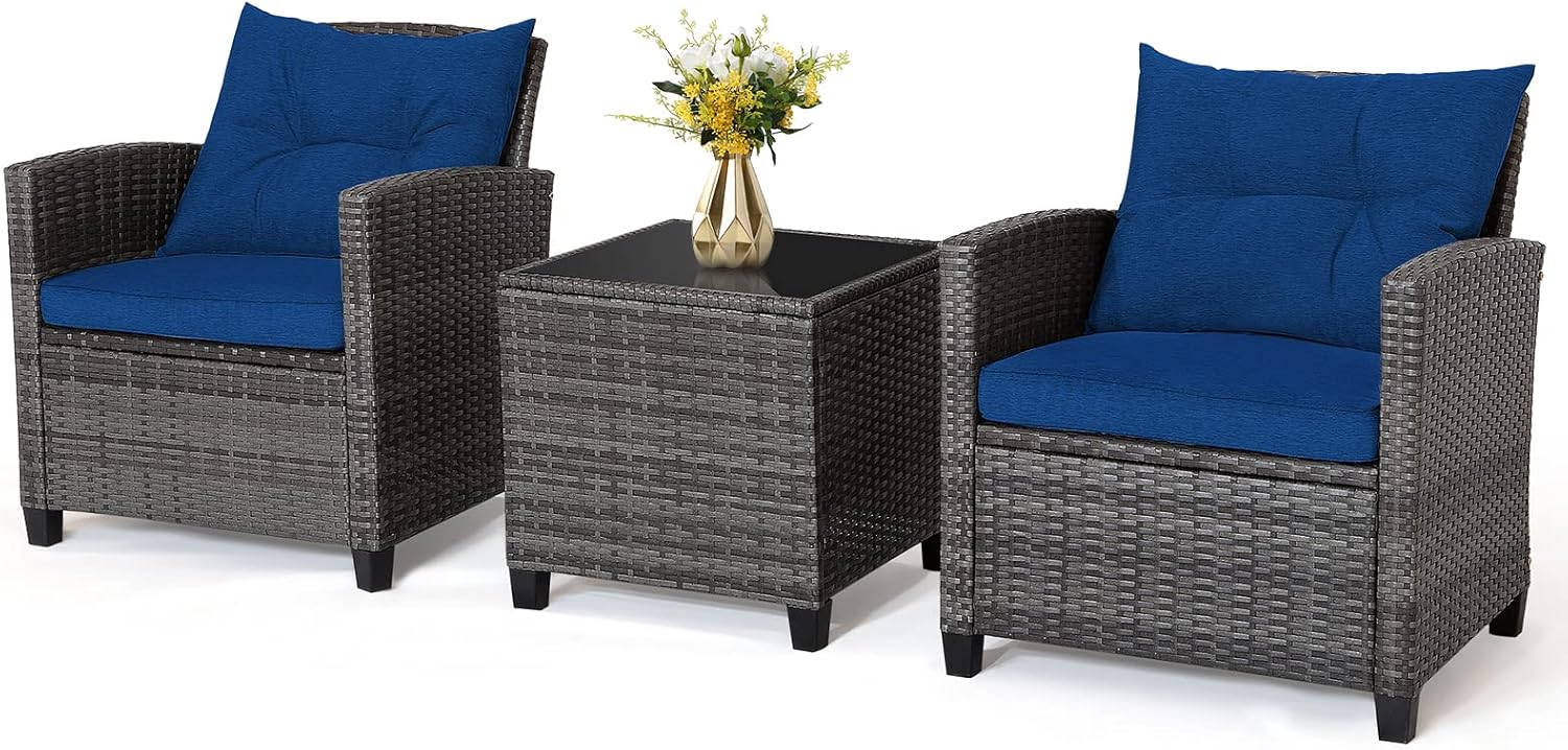 RELAX4LIFE Wicker Patio Furniture Sets - 3 Pieces Rattan Sofa Set, Outdoor Conversation Set with Tempered Glass Tabletop, Heavy-Duty Steel Frame, Wicker Chair Set for Poolside, Backyard, Grey