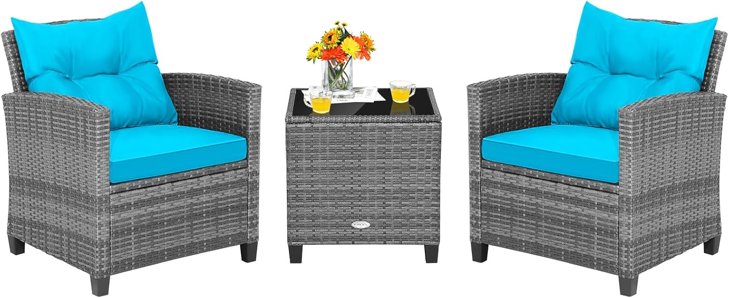 Tangkula 3 Pieces Patio Furniture Set, PE Rattan Wicker 3 Pcs Outdoor Sofa Set w/Washable Cushion and Tempered Glass Tabletop, Conversation Furniture for Garden Poolside Balcony (White)