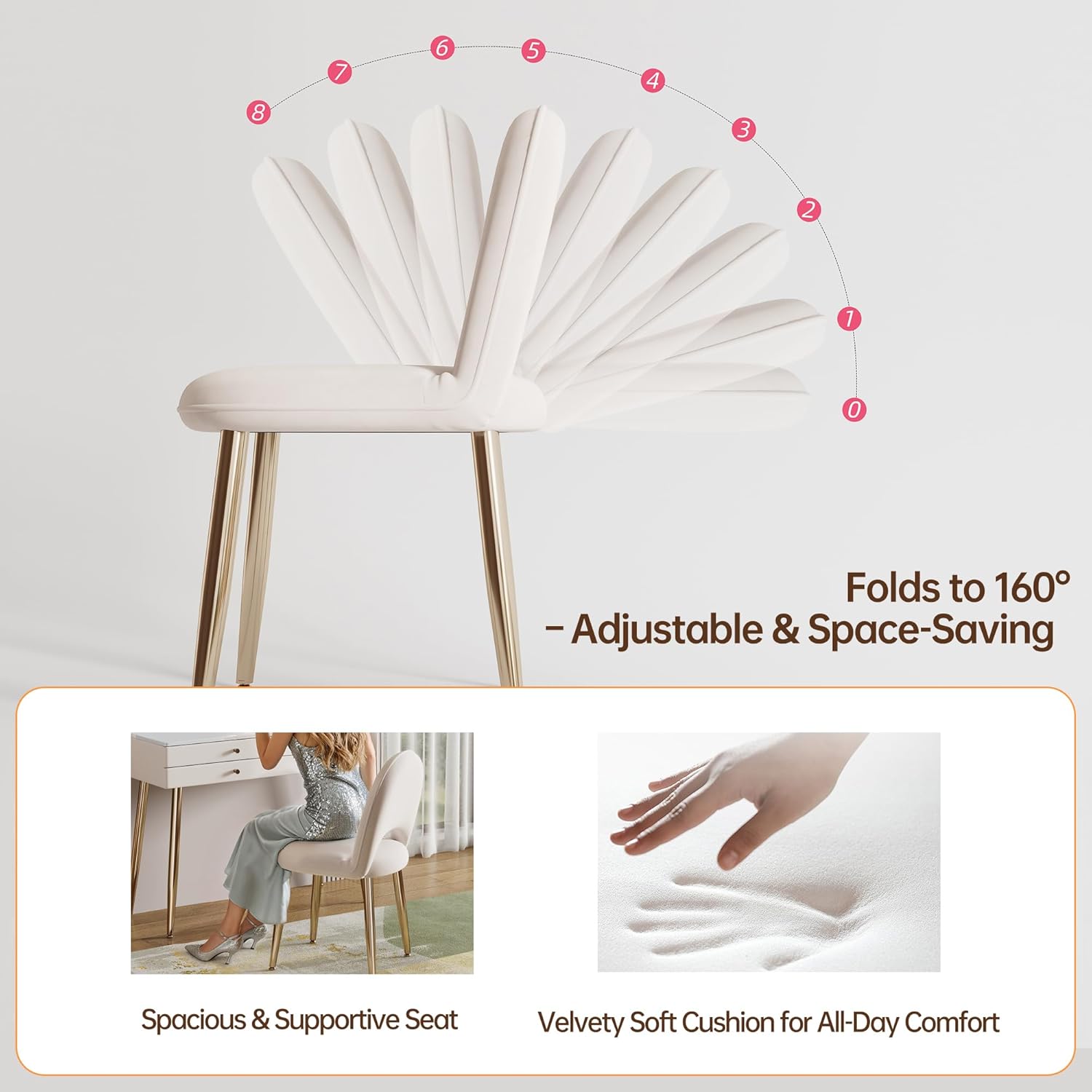 Vanity Desk with Mirror and Lights| 39" Beige Modern Makeup Vanity Set with Drawers & Adjustable Chair| White and Gold Dressing Table for Small Spaces & Bedroom