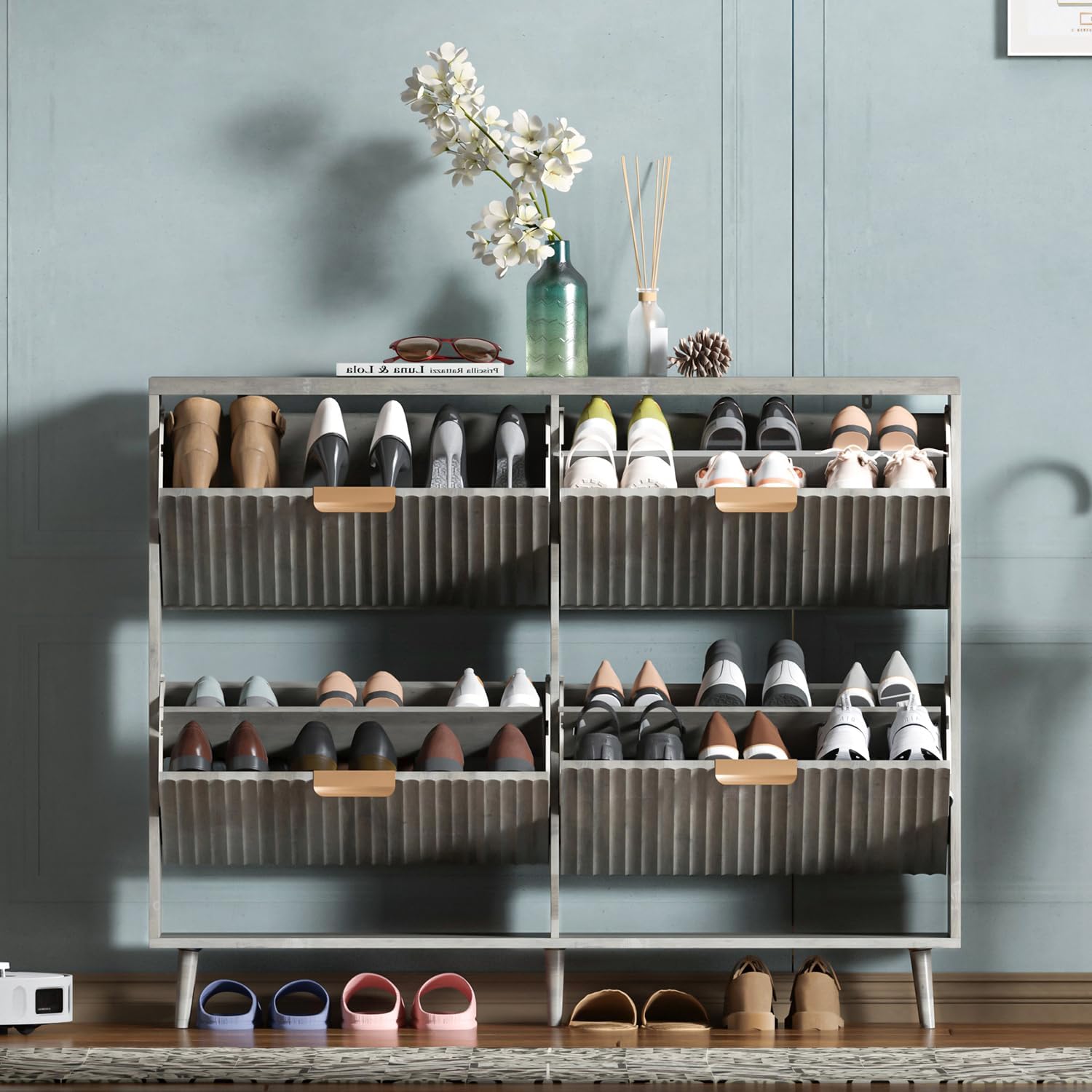 Shoe Cabinet Storage,Modern Freestanding Organizer with 2 Flip Drawers,Narrow Shoe Rack Cabinet for Entryway,Walnut