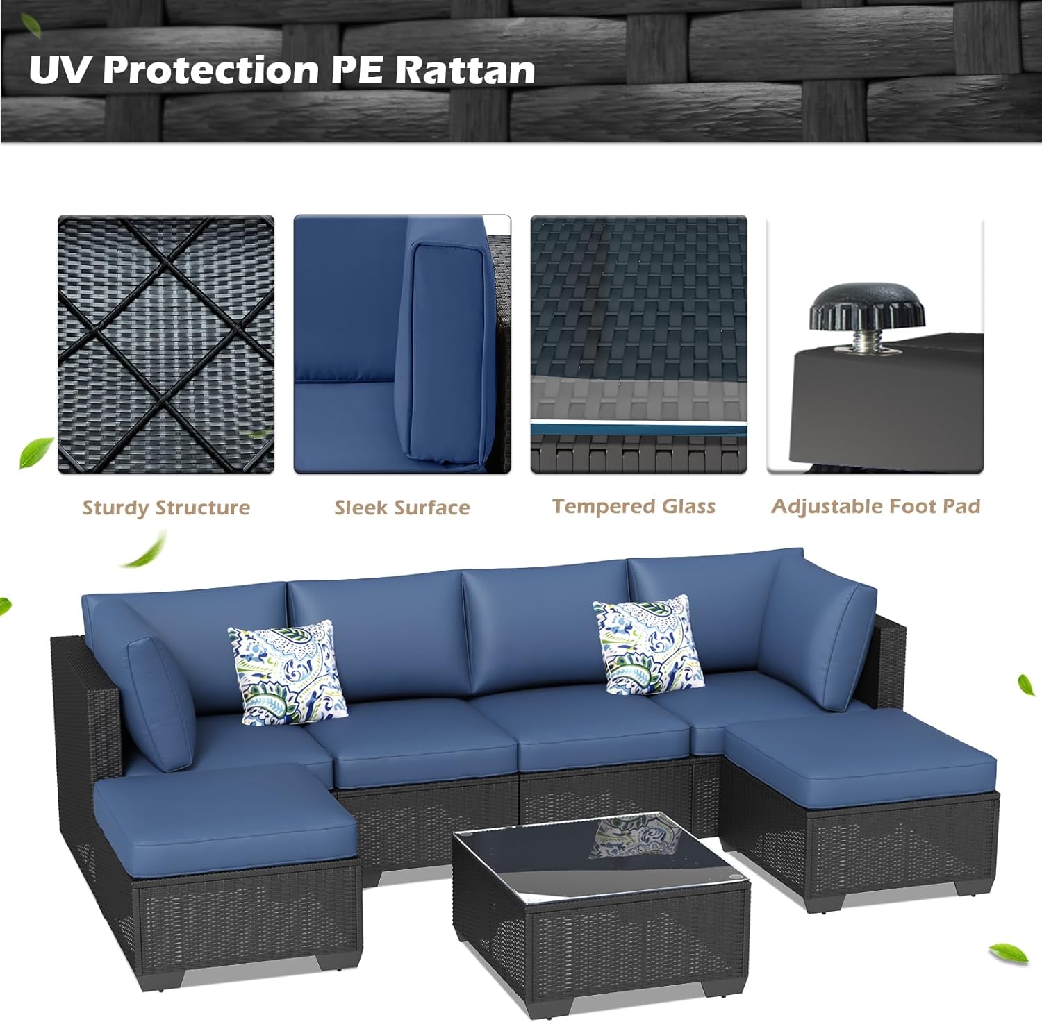 U-MAX 7 Piece Outdoor Patio Furniture Set, PE Rattan Wicker Sofa Set, Outdoor Sectional Furniture Chair Set with Navy Cushions and Tea Table, Black Rattan