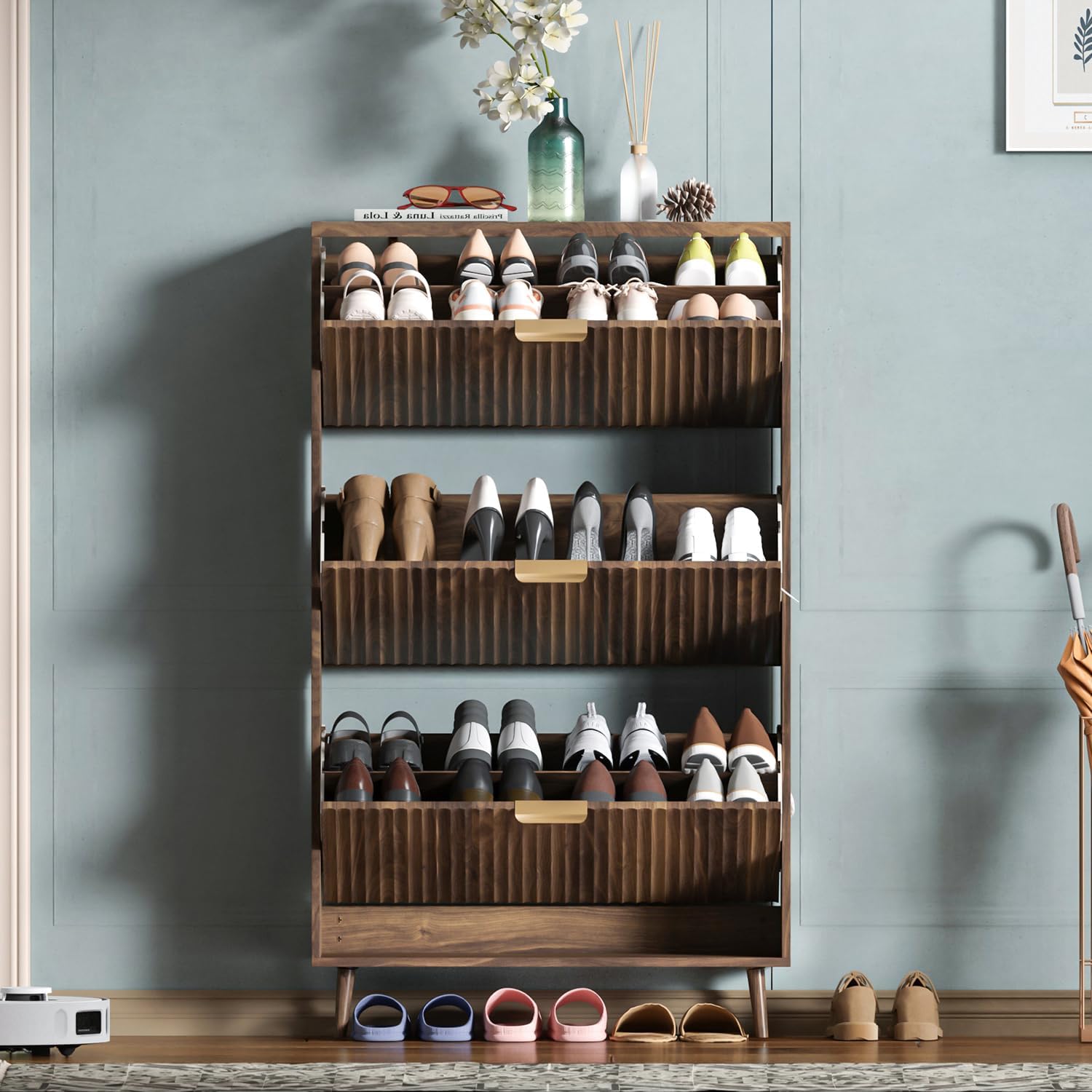 Shoe Cabinet Storage,Modern Freestanding Organizer with 2 Flip Drawers,Narrow Shoe Rack Cabinet for Entryway,Walnut