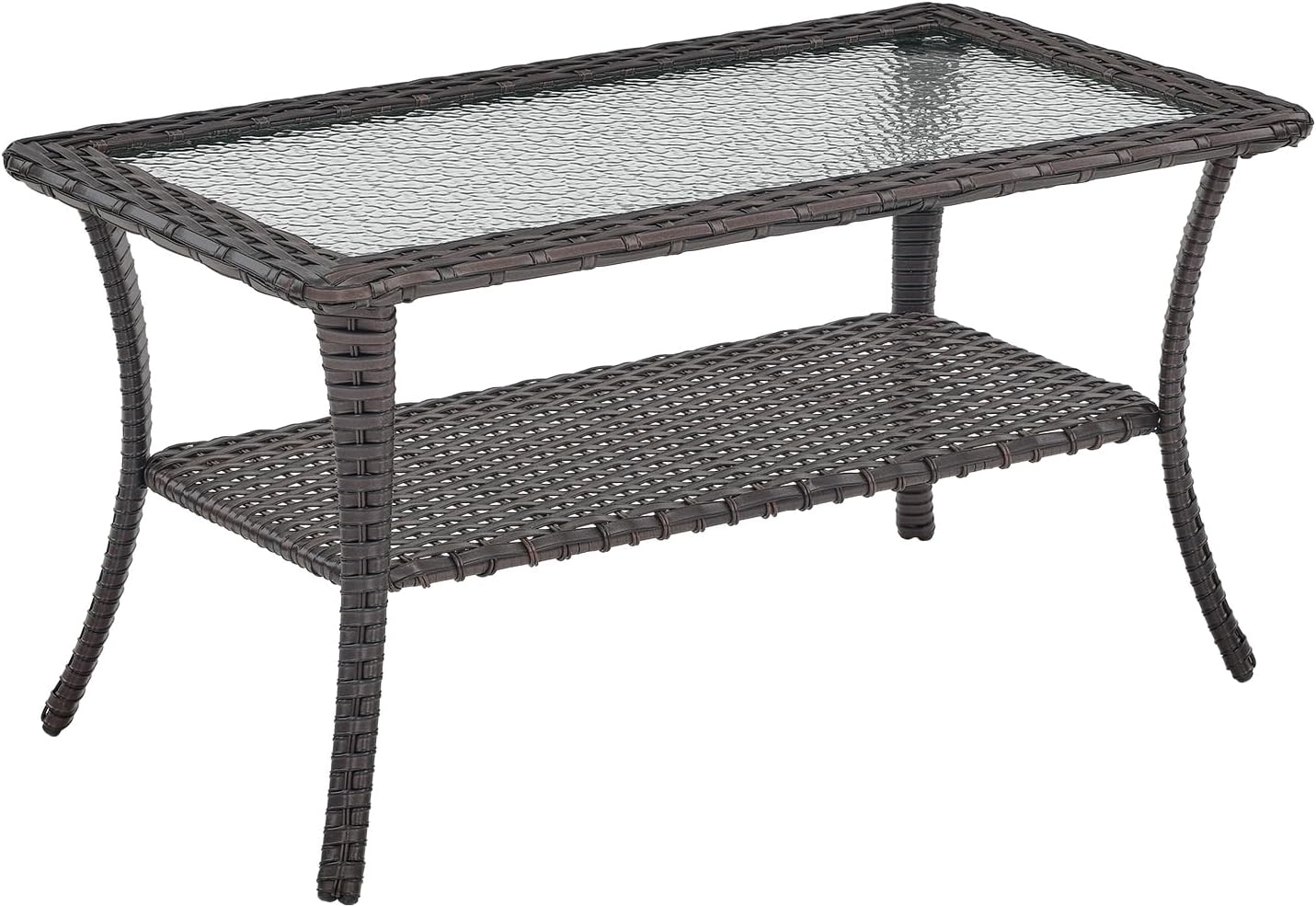 Rilyson Patio Tables Outdoor Coffee Table - Wicker Rattan Coffee Tables with 2-Tier Storage Shelf Side Table for Porch Deck Balcony Garden Outside Rectangle Brown