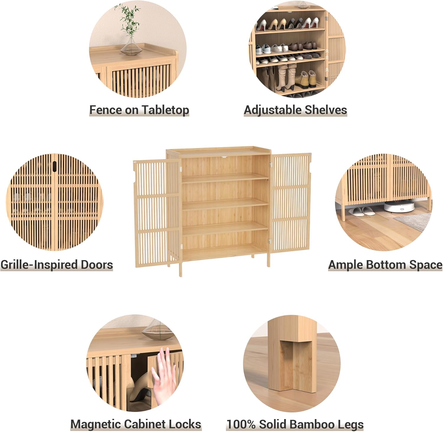 Shoe Cabinet, 20 Pair Farmhouse Shoe Organizer Cabinet, Freestanding Bamboo Wood Shoe Storage Cabinet with Grille Doors, 5-Tier Narrow Shoe Cabinet for Entryway Hallway, Natural