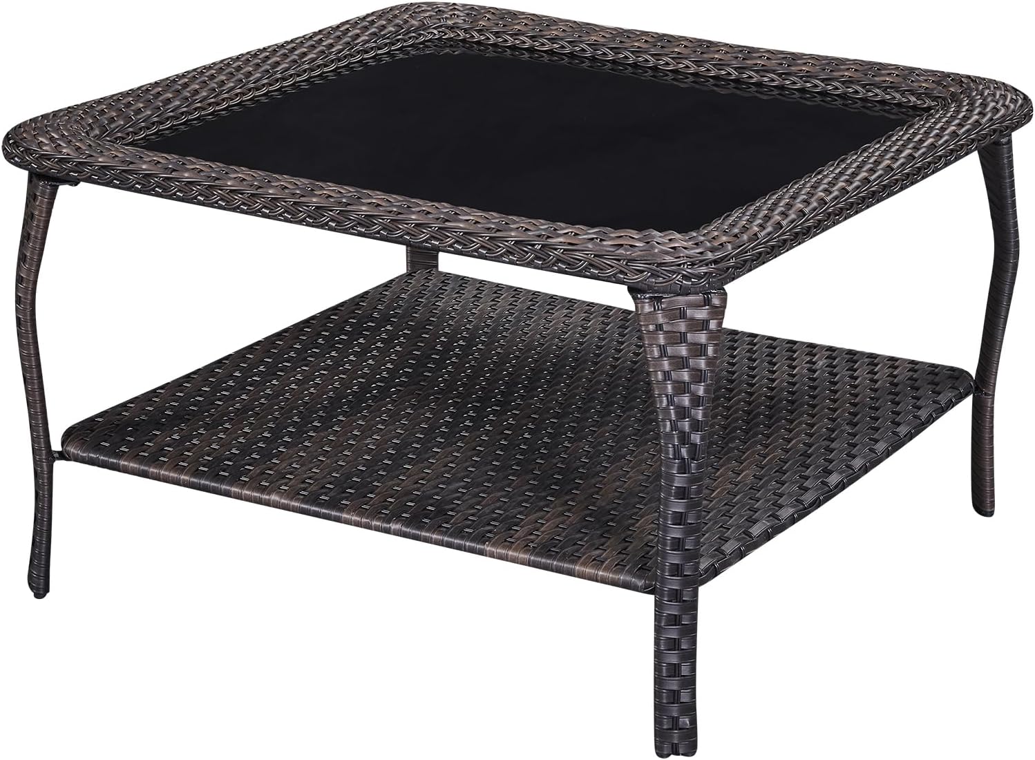 Rilyson Patio Tables Outdoor Coffee Table - Wicker Rattan Coffee Tables with 2-Tier Storage Shelf Side Table for Porch Deck Balcony Garden Outside Rectangle Brown